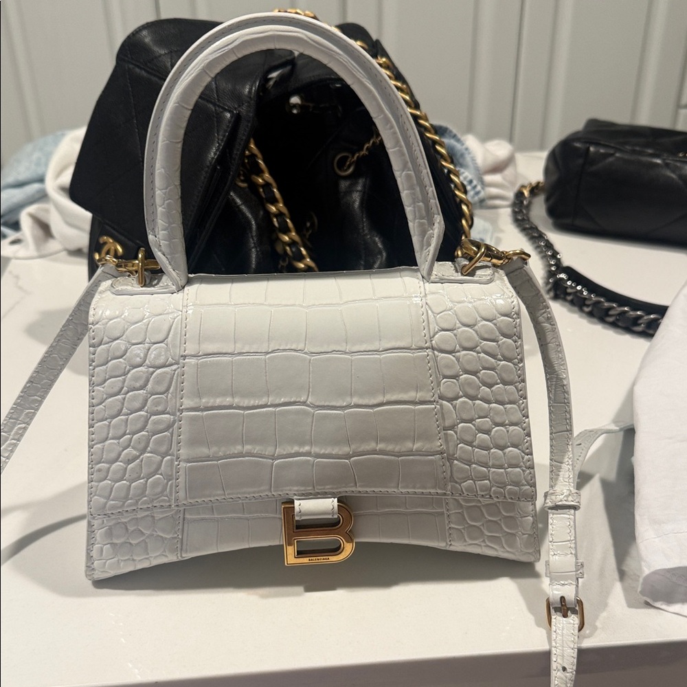 Balenciaga White Croc-Embossed Top-Handle Bag with Gold 'B' Accent